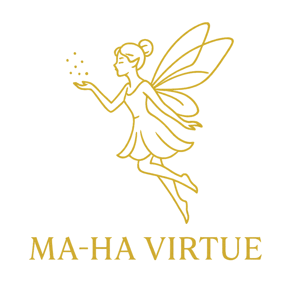 The MAHA VIRTUE logo features a delicate whimsical fairy motif that captures the magic and mystery behind the brands story The fairy crafted with graceful lines and soft curves symbolizes enchantment transformation and the subtle power of natures fin